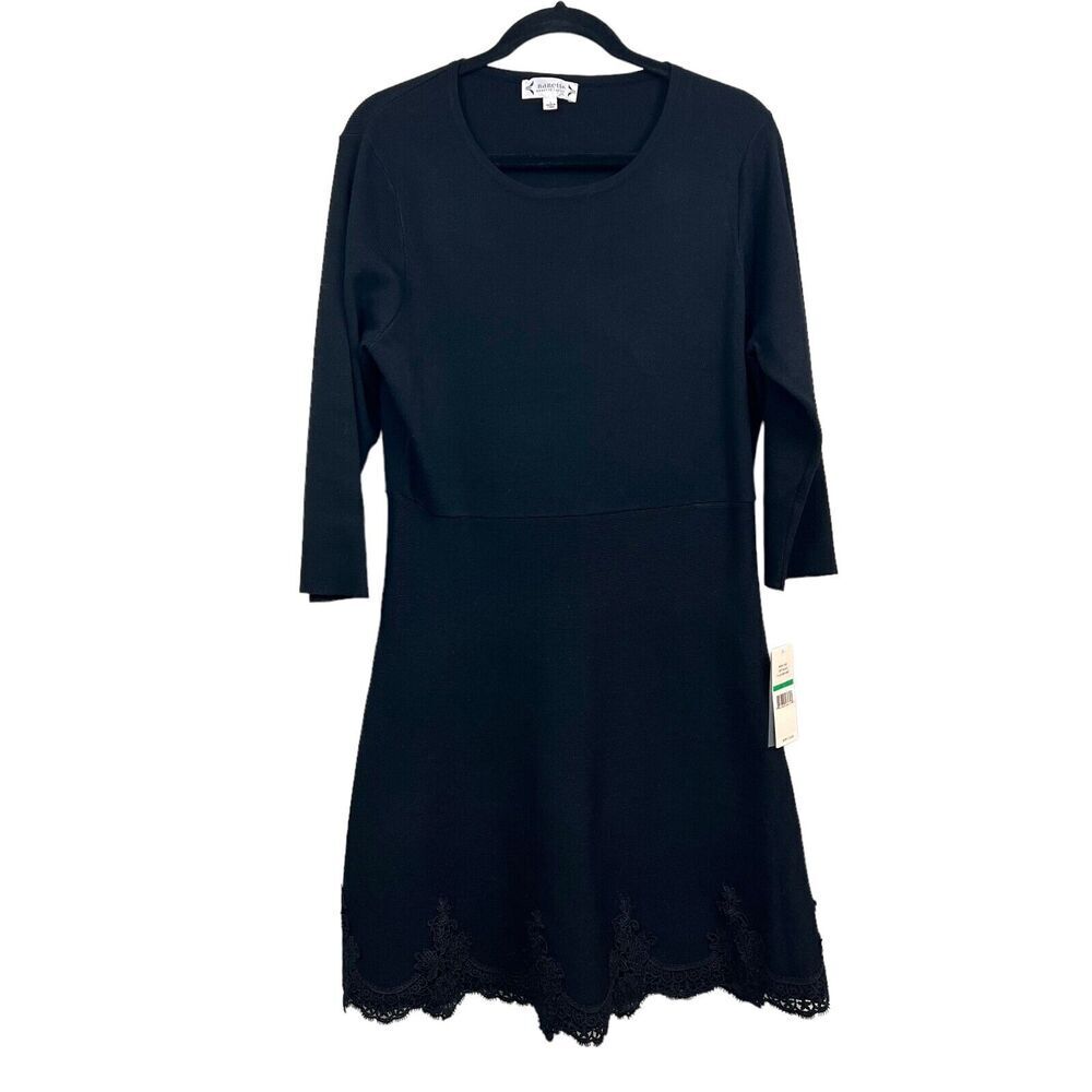Nanette Lepore Luciana Dress Stretch Knit 3/4 Sleeve Lace Hem Black Women Sz L*